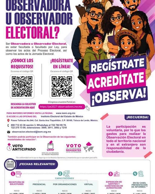 ¿Quieres participar como Observadora u Observador Electoral?El Instituto Electoral del Estado de México (IEEM) invita a la ciudadanía a participar en la Observación Electoral del Proceso Electoral