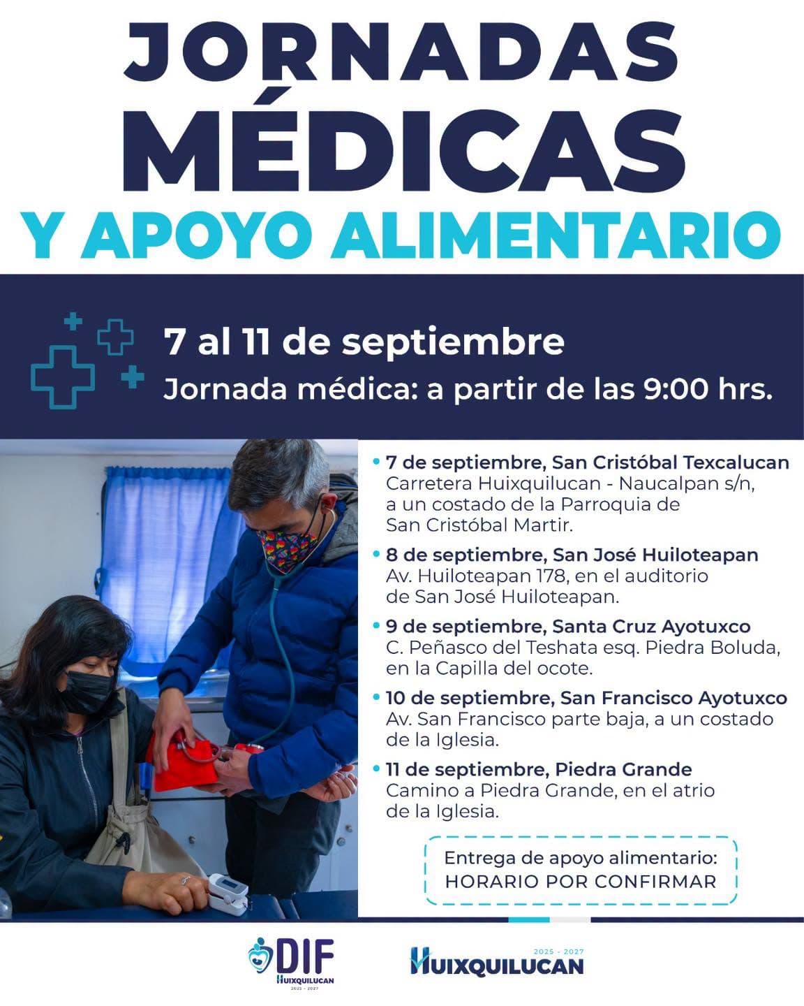 Calendario de Jornadas Médicas y Apoyo Alimentario en comunidades de Huixquilucan