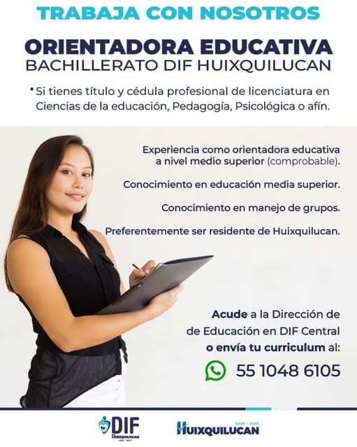 Convocatoria para Orientadora Educativa en Bachillerato DIF Huixquilucan