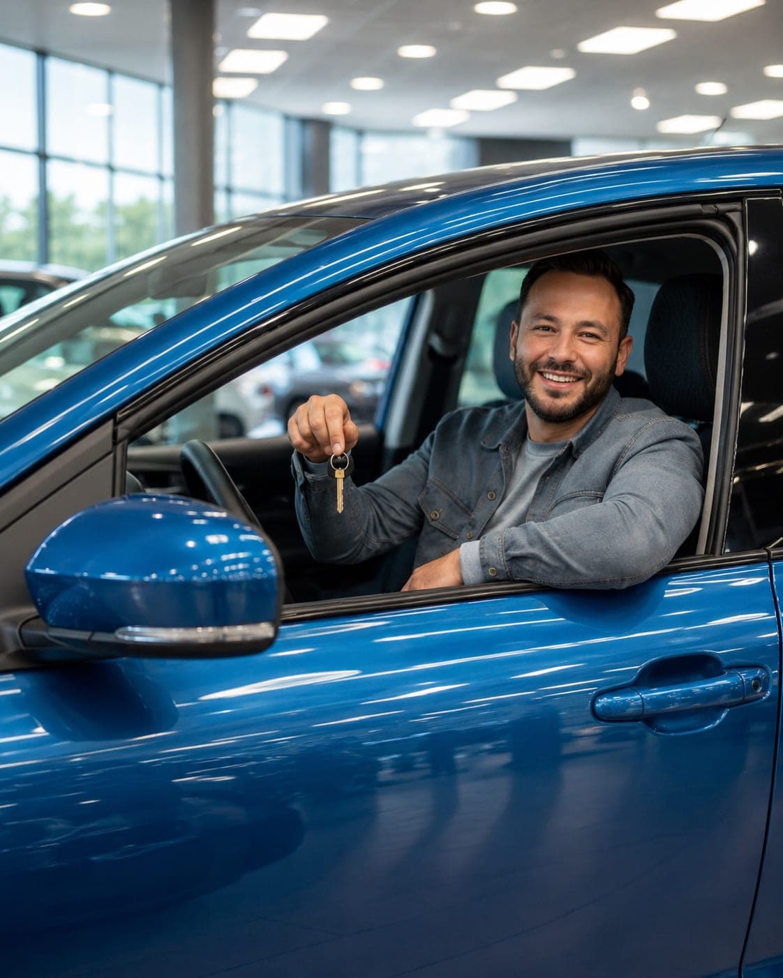 Papá celebrando el Día del Padre en su auto nuevo